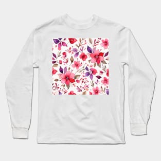 Pink Violet and Brown Floral Pattern on White Long Sleeve T-Shirt